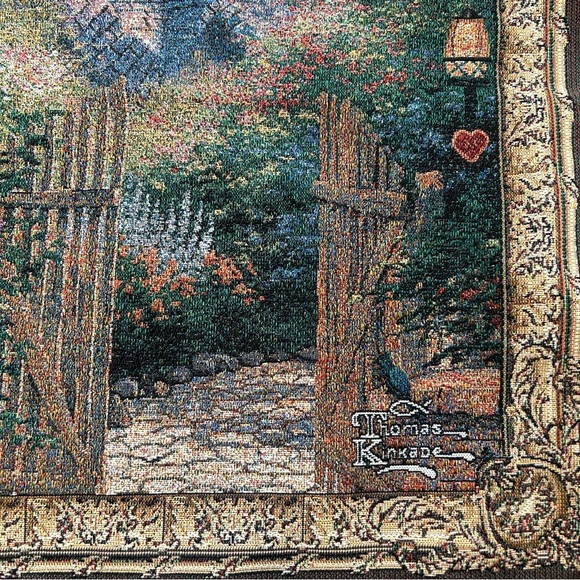 Thomas Kinkade Tapestry Cottage Gate Hanging 26in x 26in - Picture 3 of 7
